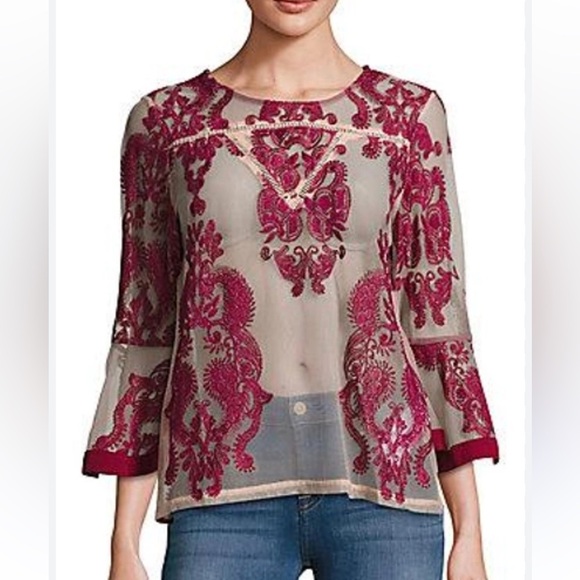 MinkPink Sweetest Sound Sheer embroidered lace top. Bell sleeves. Like new cond - Picture 1 of 13
